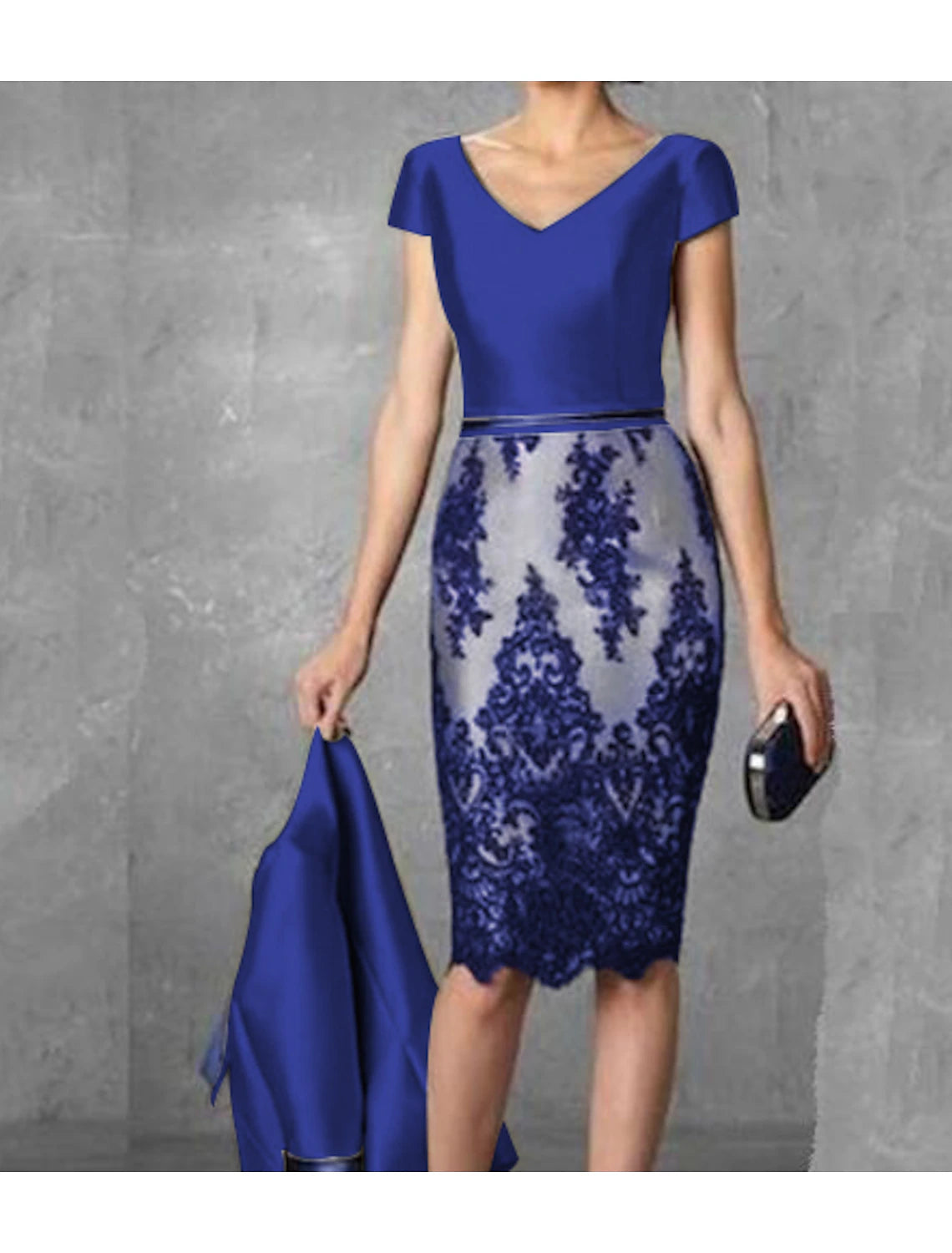 Mother of the Bride Dress Plus Size Sheath / Column  V Neck Knee Length Two Pieces Wedding Guest Party Dress Satin Lace 3/4 Length Sleeve Jacket Dresses