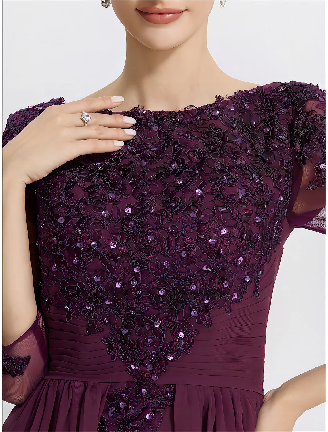 Sheath / Column Mother of the Bride Dress With Overskirts Formal Wedding Guest Elegant Sequin Scoop Neck Floor Length Chiffon Lace 3/4 Sleeve with Appliques Sparkle & Shine