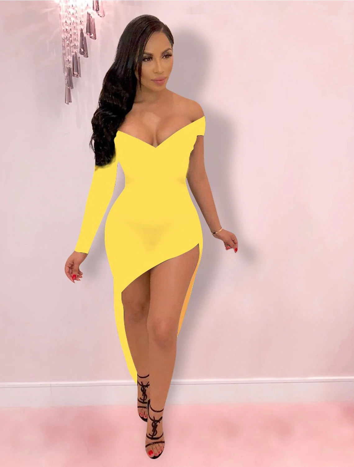 Sheath / Column Cocktail Dresses Hot Dress Holiday Party Wear Asymmetrical Long Sleeve V Neck Spandex with Sleek