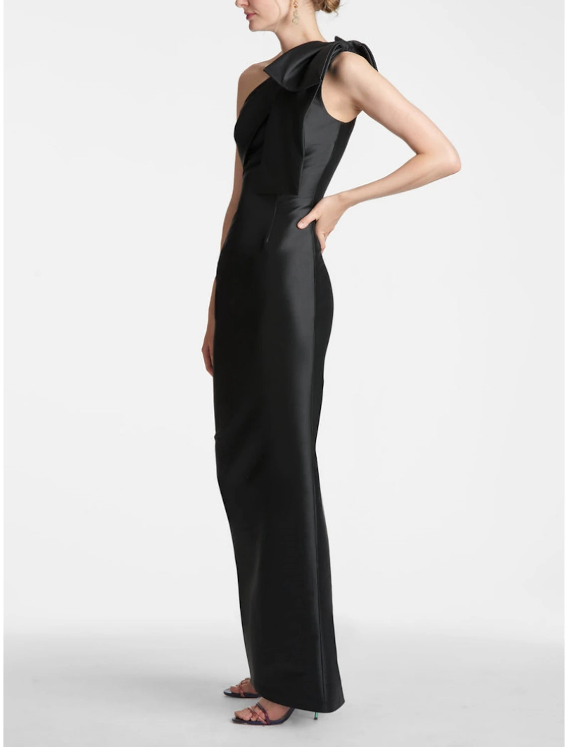 Sheath Mermaid Sleeveless Evening Gown One Shoulder Ankle Length Satin Party Dress With Bow Slit