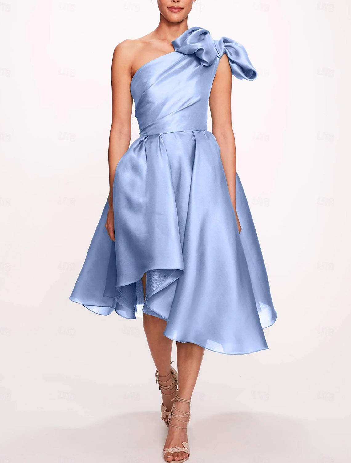 A-Line Cocktail Dresses Formal Wedding Tea Length Sleeveless One Shoulder Satin