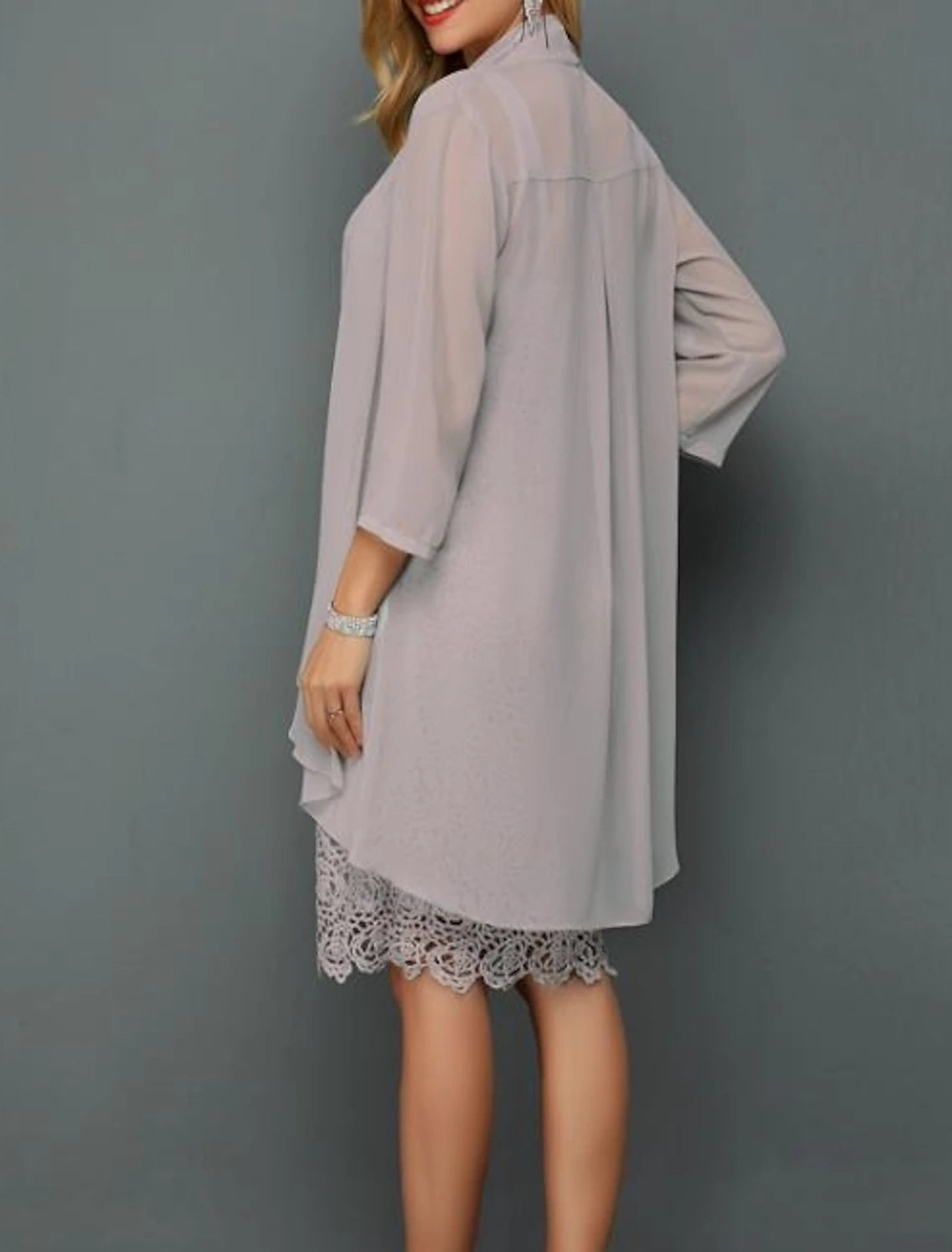 Plus Size Two Pieces Bateau Neck Wedding Guest Knee Length Chiffon Lace 3/4 Length Sleeve Jacket Dresses Mother of the Bride Dress with Appliques