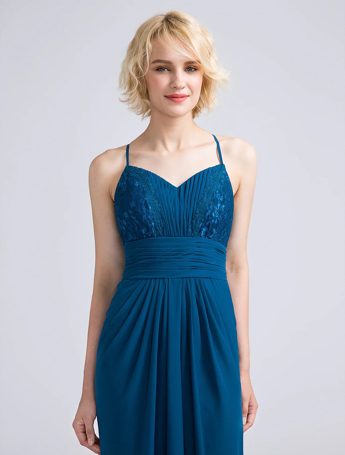 Elegent Sheath / Column Bridesmaid Dress Spaghetti Strap Sleeveless Open Back Sweep / Brush Train Chiffon / Lace with Lace / Ruched / Draping