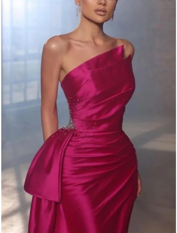 A-Line Evening Gown Elegant Dress Formal Court Train Sleeveless Strapless Satin with Pleats Ruched Sequin And Slit