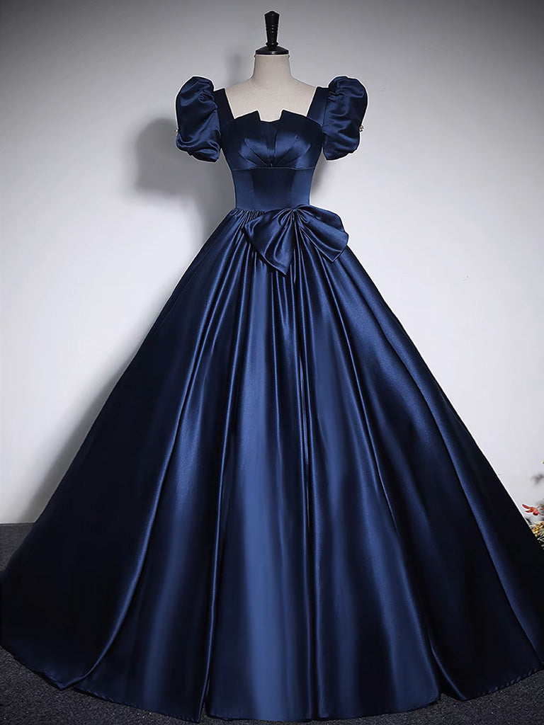 Dark Blue Satin Long Prom Dress Long Evening Dress Short Sleeves Elegant With Bow(s) december wedding guest dress