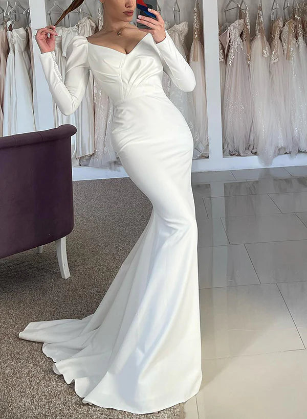 Trumpet Mermaid V Neck Long Sleeves Sweep Train Satin Wedding Dresses Simple