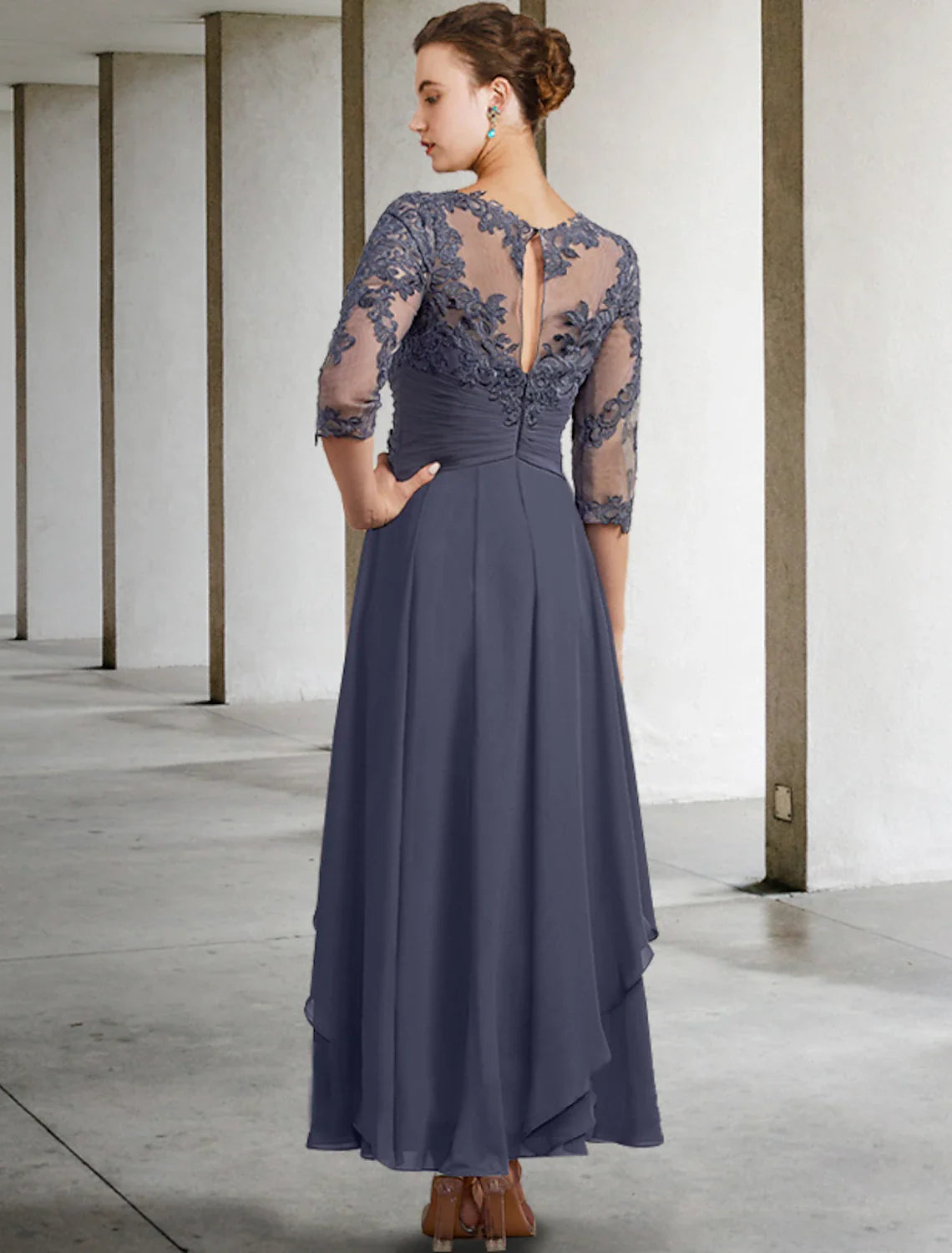 A-Line Mother of the Bride Dress Plus Size Elegant Chiffon Lace Half Sleeve Prom Dress with Appliques