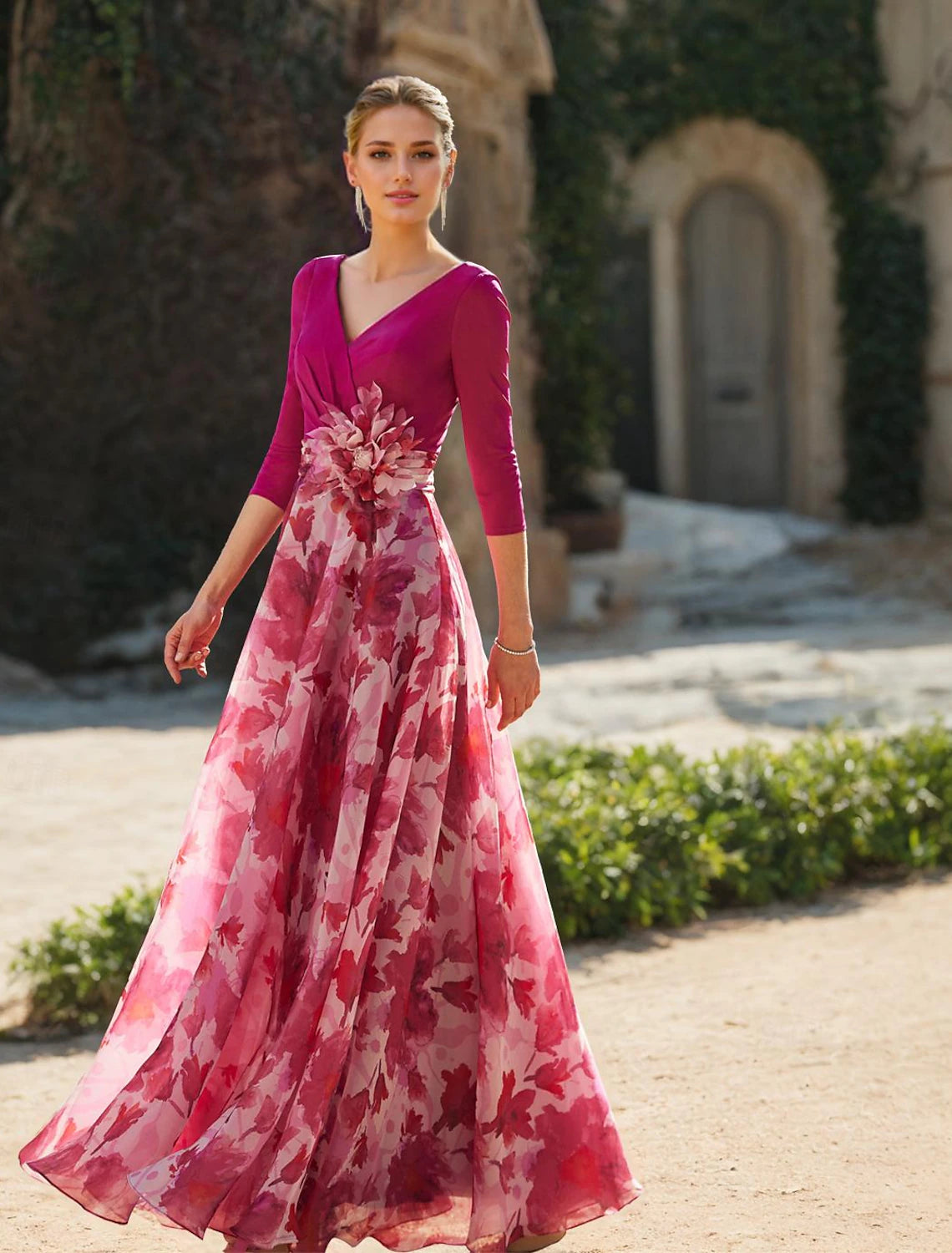 A-Line Mother of the Bride Dress Kentucky Derby Dresses Formal Wedding Guest Elegant V Neck Floor Length Chiffon 3/4 Length Sleeve with Flower