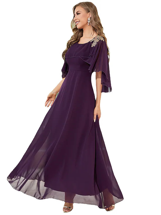 A-Line Wedding Guest Dresses Elegant Dress Party Wear Floor Length Half Sleeve  Chiffon with Ruffles