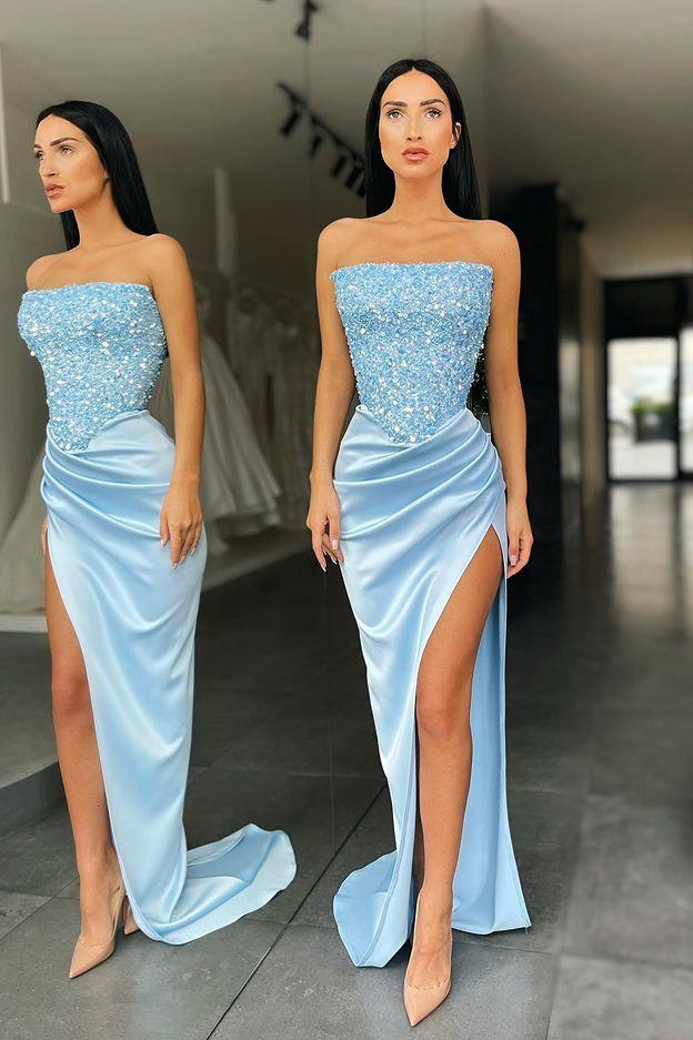 Trendy Sky Blue Strapless Sequin Long Prom Dress with High Slit Charming Evening Party Dress