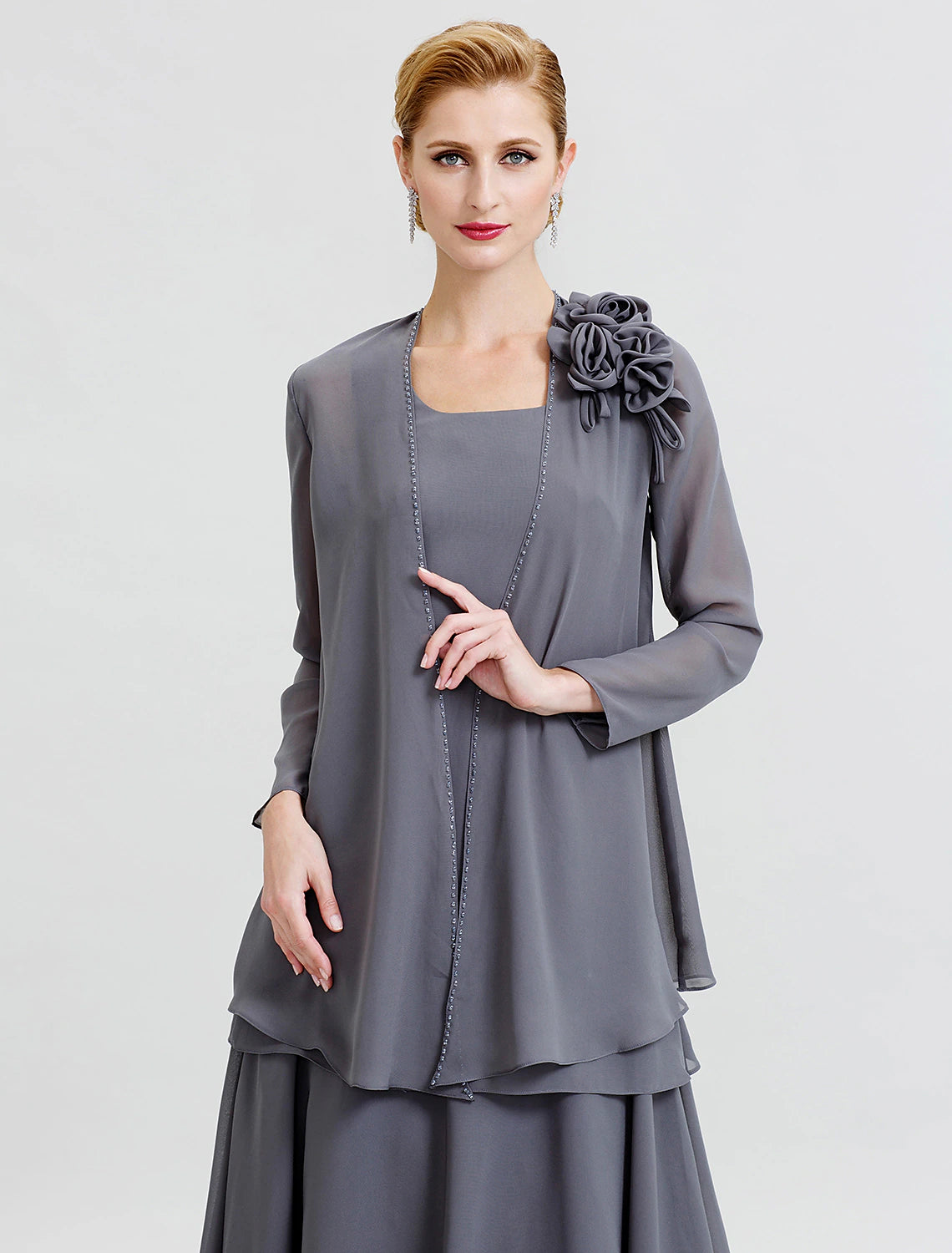 A-Line  Floral Tiered  Scoop Neck Floor Length Wedding Guest Party Dress Chiffon Long Sleeve Wrap Included Mother of the Bride Dress with Beading Flower