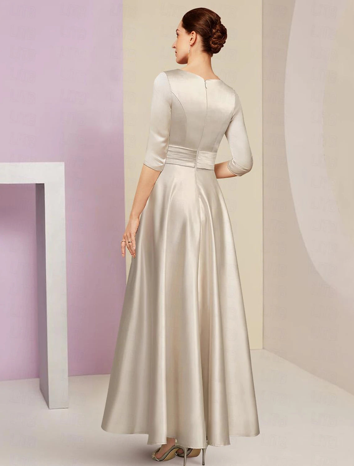 A-Line Mother of the Bride Dress Formal Wedding Guest Elegant V Neck Ankle Length Sequined Italy Satin 3/4 Length Sleeve with Pleats Ruched