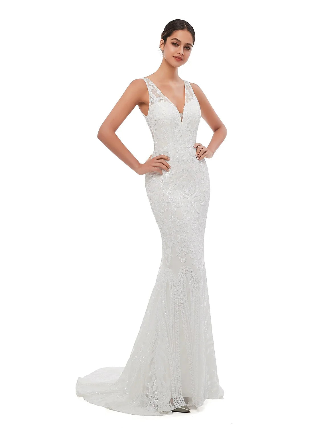 Mermaid / Trumpet Evening Gown Celebrity Style Dress Engagement Court Train Sleeveless V Neck Sequined with Sequin Embroidery