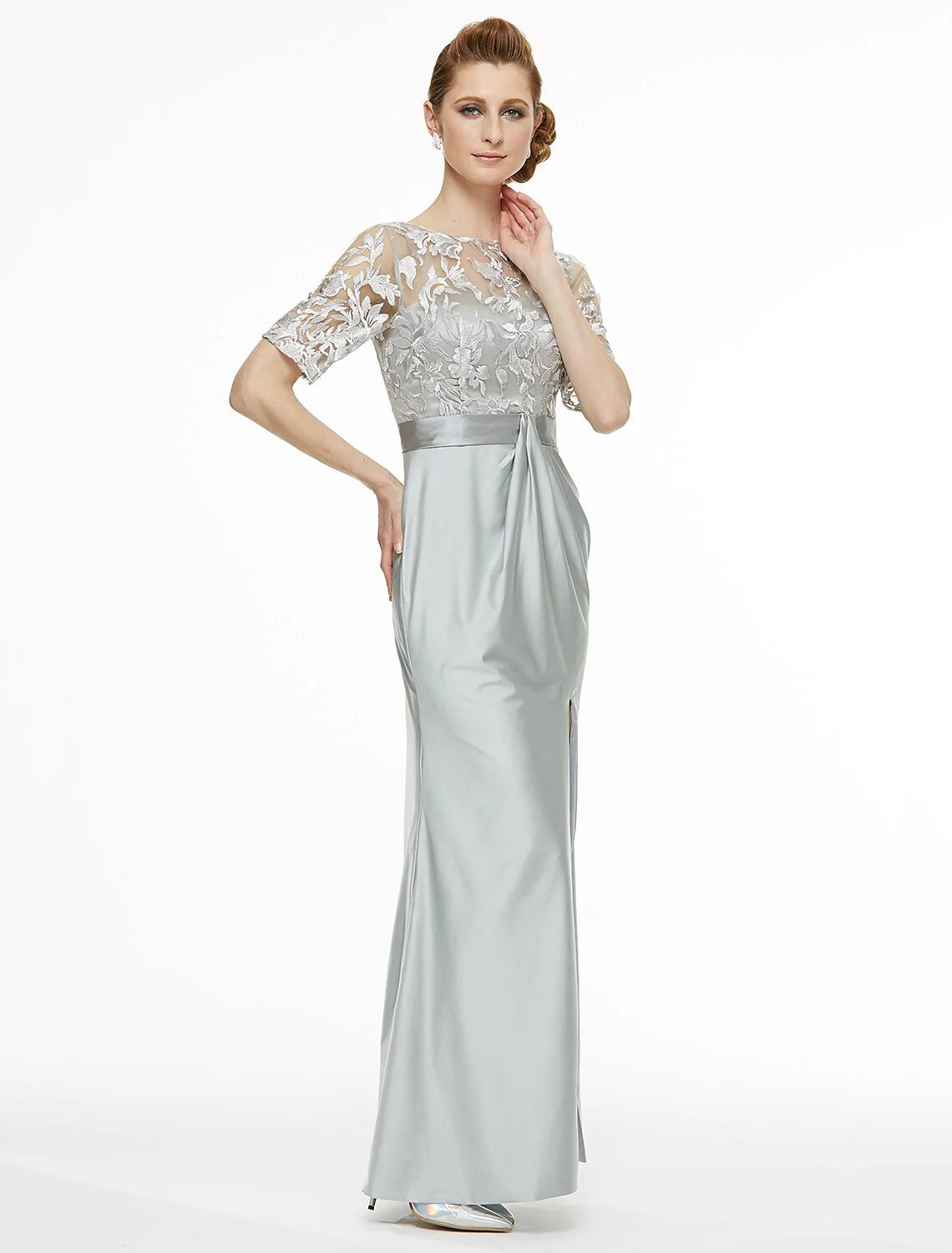 Sheath / Column Bateau Neck Ankle Length Lace / Jersey Mother of the Bride Dress with Lace / Pleats