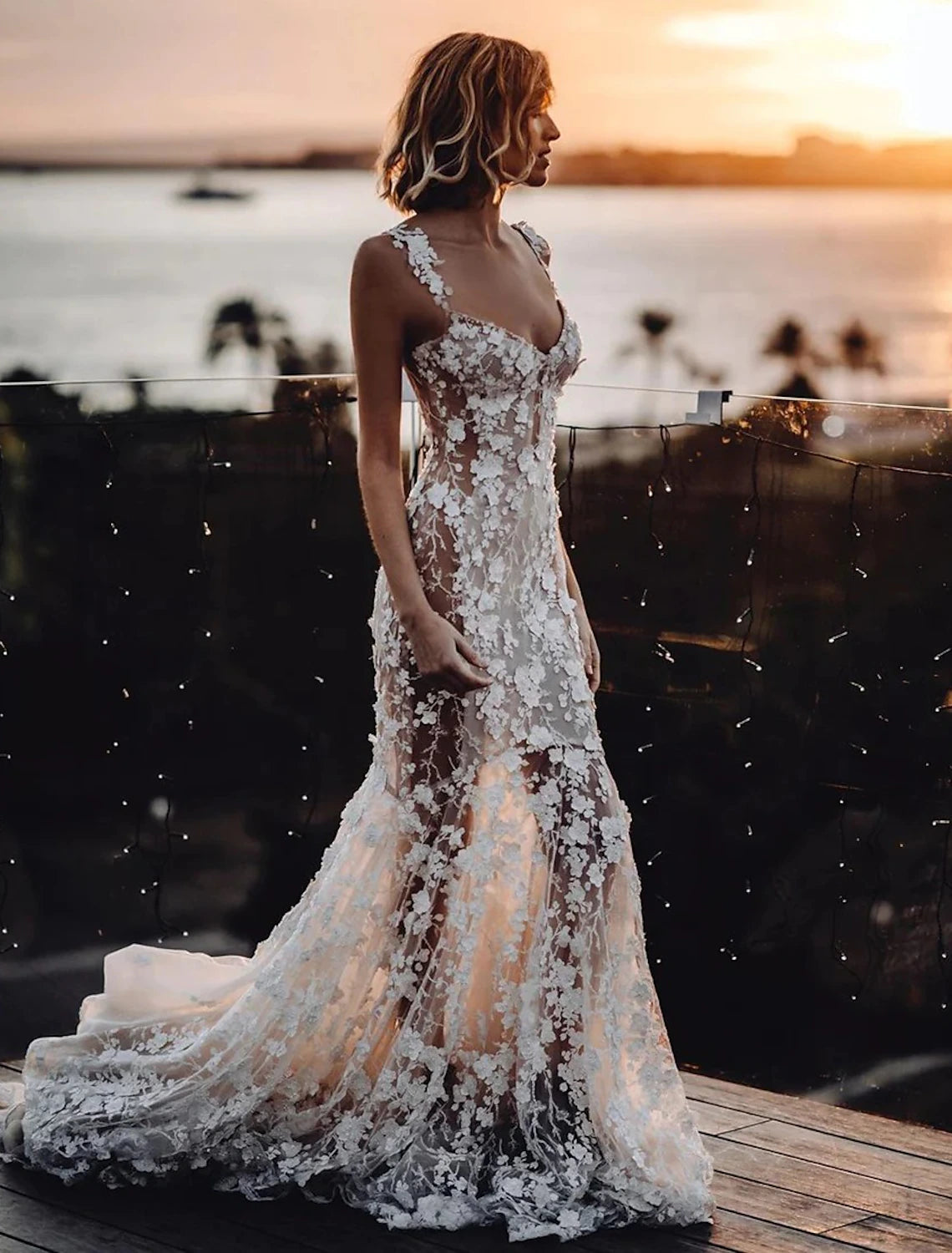 Beach Sexy Boho Wedding Dresses Mermaid / Trumpet Sweetheart Regular Straps Court Train Lace Bridal Gowns With Appliques Summer Fall Wedding Party Clothing