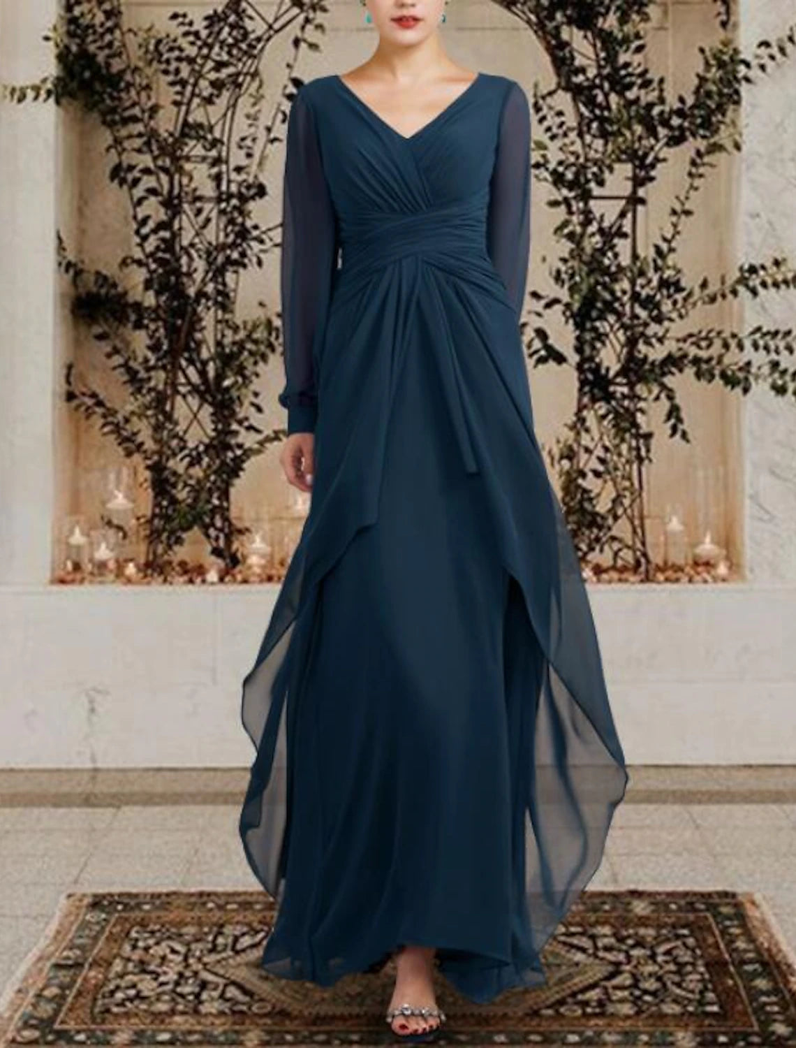A-Line Mother of the Bride Dress Wedding Guest Elegant Plus Size V Neck Floor Length Chiffon Long Sleeve with Ruched Ruffles Side-Draped