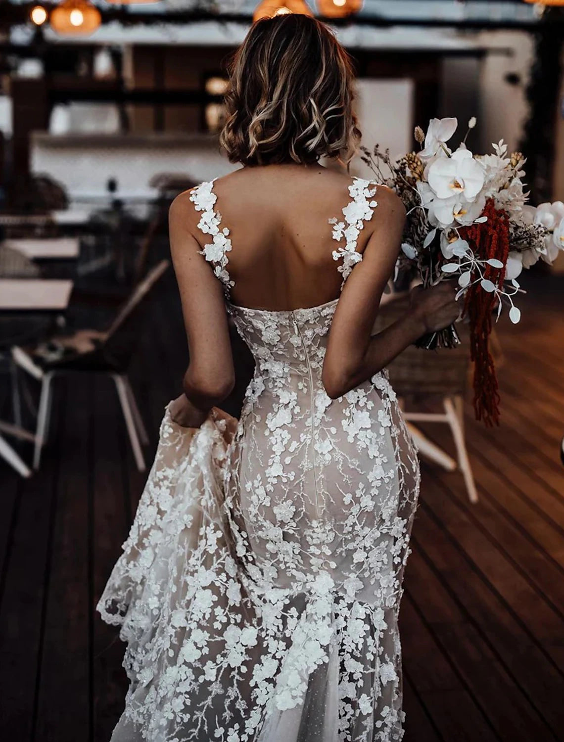Beach Sexy Boho Wedding Dresses Mermaid / Trumpet Sweetheart Regular Straps Court Train Lace Bridal Gowns With Appliques Summer Fall Wedding Party Clothing