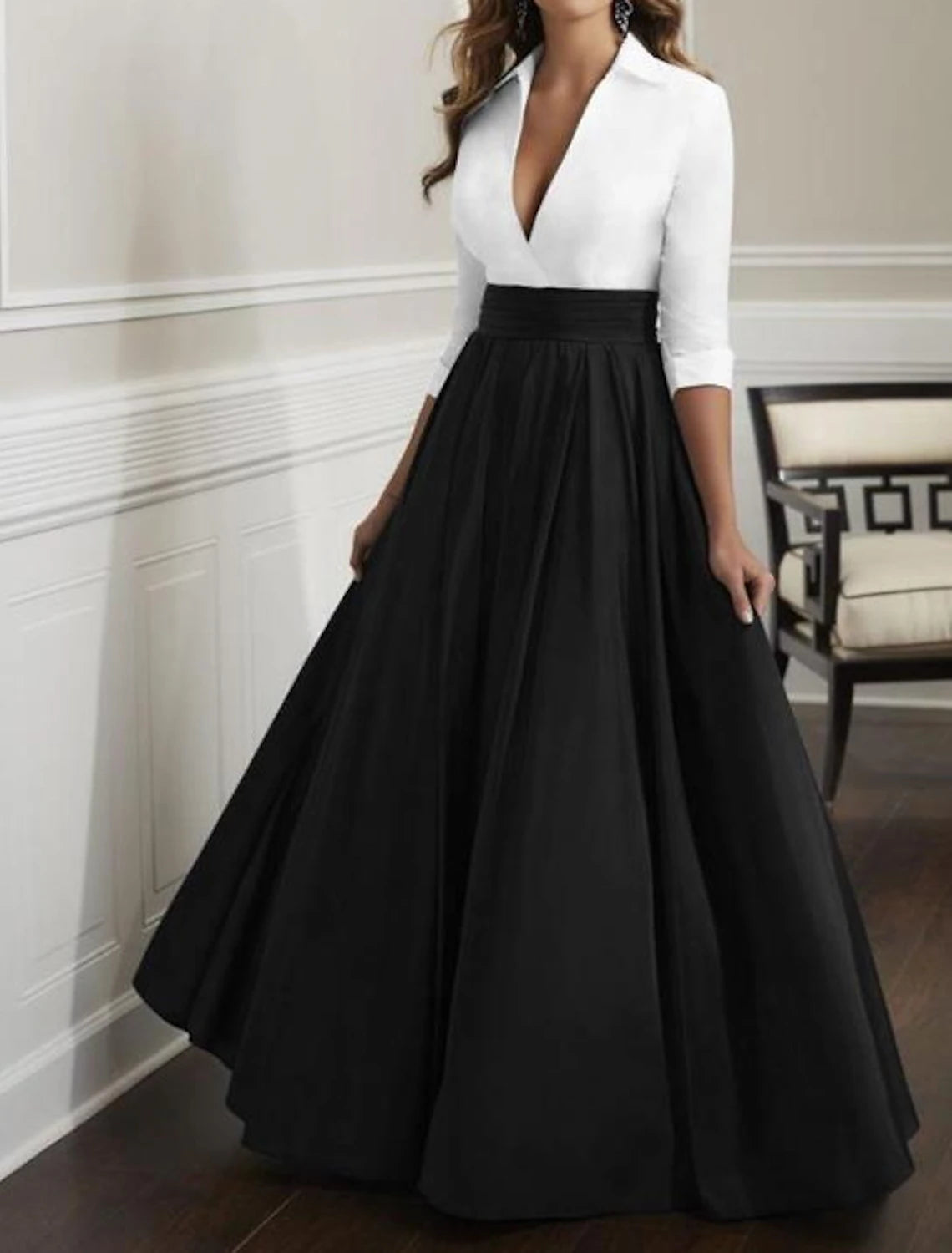 A-Line Floor Length Wedding Guest Dress Plunging Neck Satin Half Sleeve Mother of the Bride Dress with Ruching