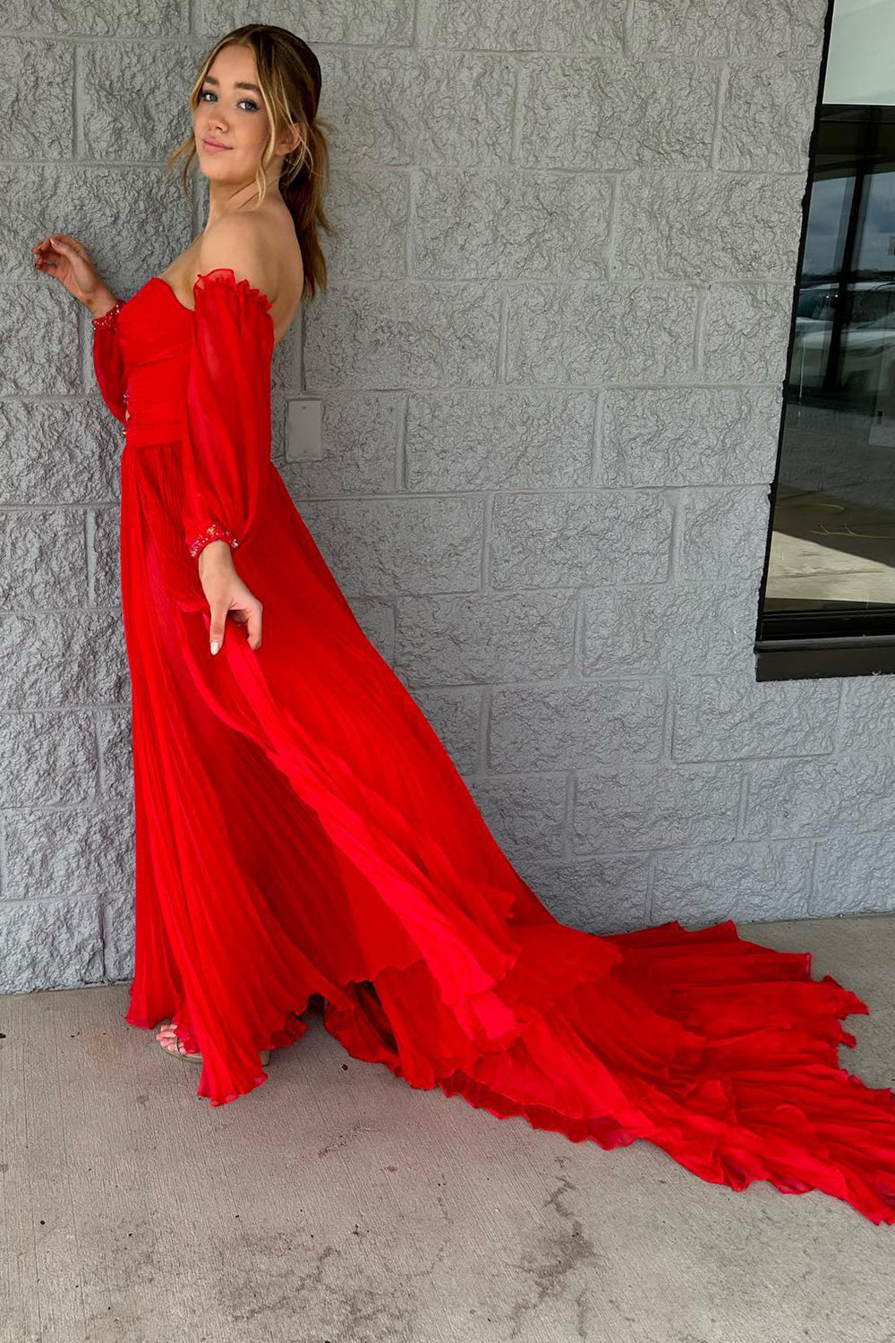 Blue Detachable Sleeves Cut-Out Long Prom Dress with Beading Sexy With Slit