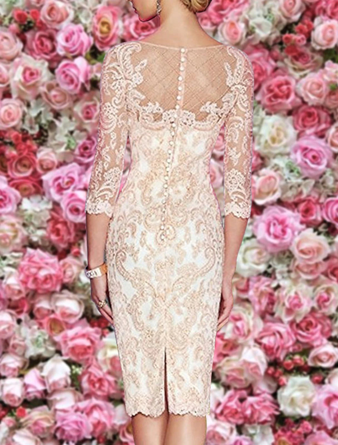 Sheath / Column Plus Size  Bateau Neck Knee Length Wedding Guest  Lace 3/4 Length Sleeve Mother of the Bride Dress with Pleats Appliques