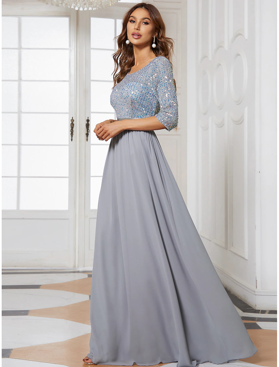 Plus Size Jewel Neck Floor Length Wedding Guest Dress Tulle Sequined 3/4 Length Sleeve Mother of the Bride Dress