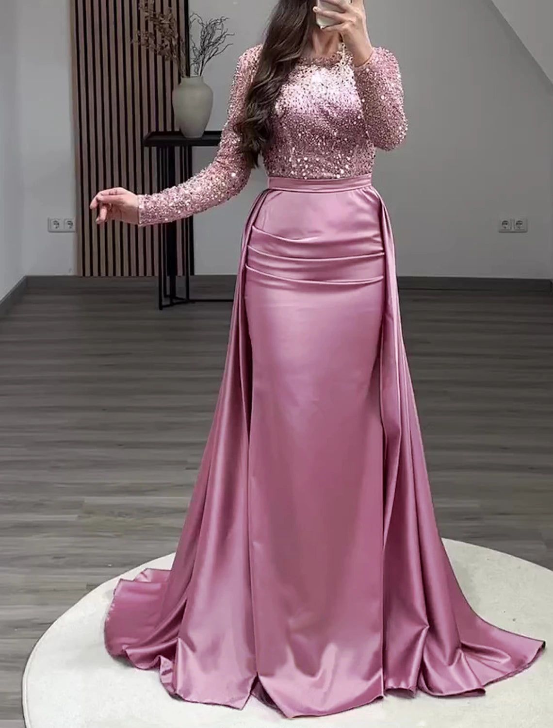 Mermaid Sequin Evening Gown Ruched Satin Dress Long Sleeves Floor Length Sparkle Illusion Neck Prom Wedding Guest Dress with Overskirt