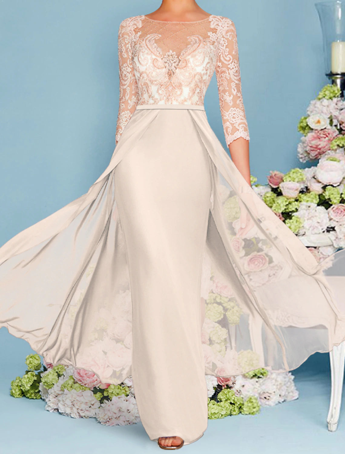 A Line Sheath Column Scoop Neck 3/4 Length Sleeve Mother of the Bride Dress Floor Length  Chiffon Lace Wedding Guest With Beading Appliques