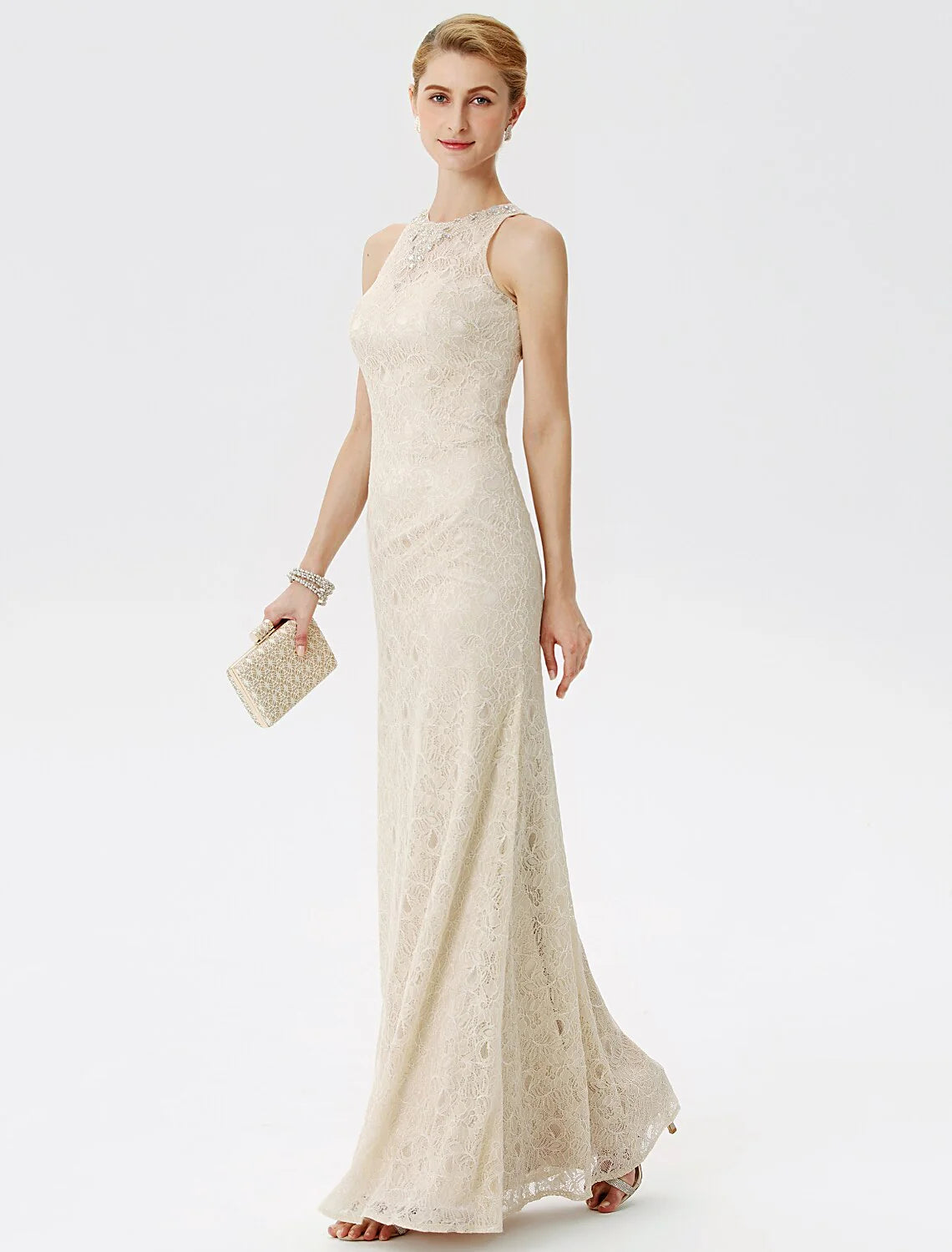 Sheath / Column Mother of the Bride Dress Elegant See Through Illusion Neck Floor Length Lace Sleeveless with Crystals Beading