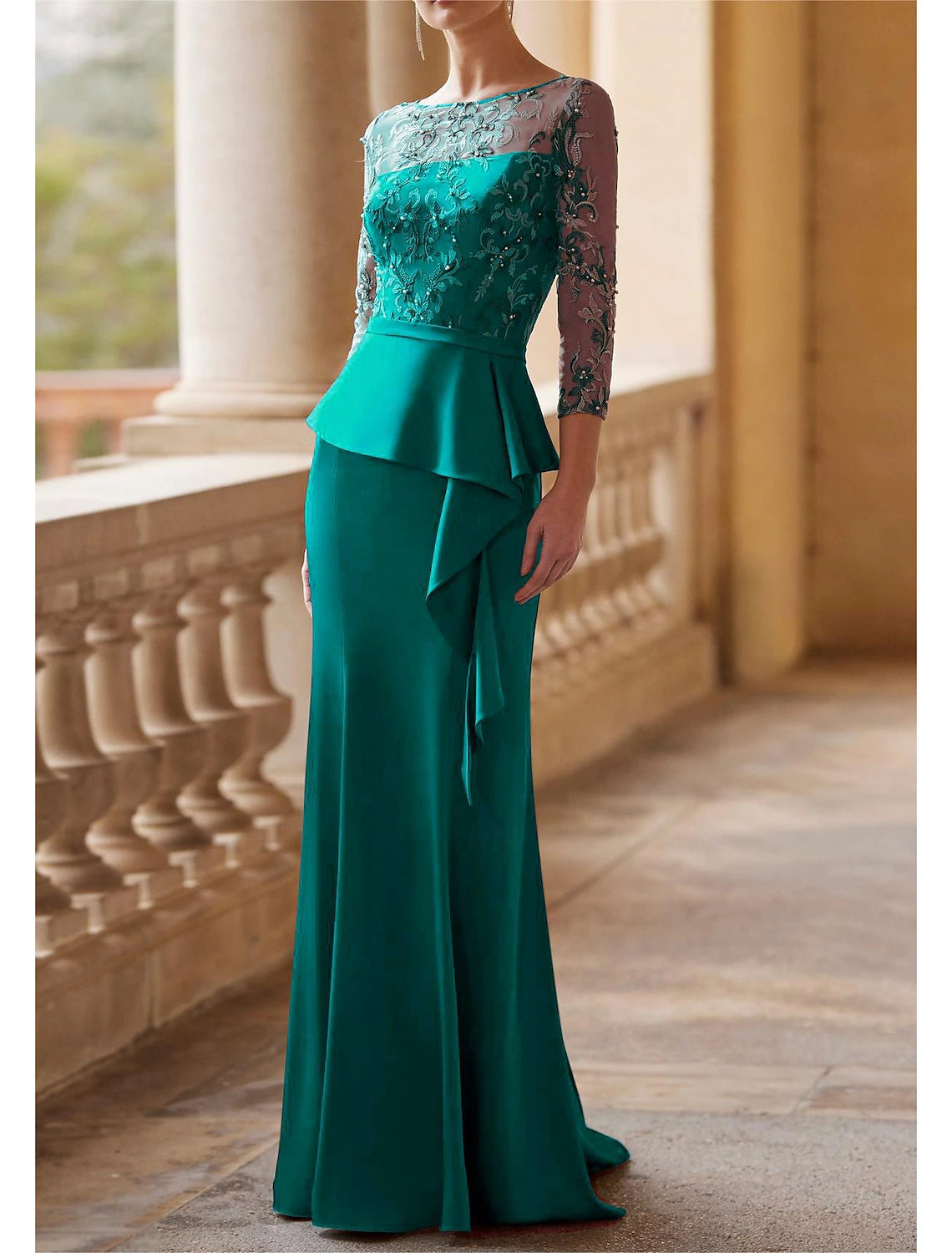 Mother of the Bride Dress Wedding Guest Illusion Neck Floor Length Lace Stretch Fabric 3/4 Length Sleeve with Sash / Ribbon Ruched Beading