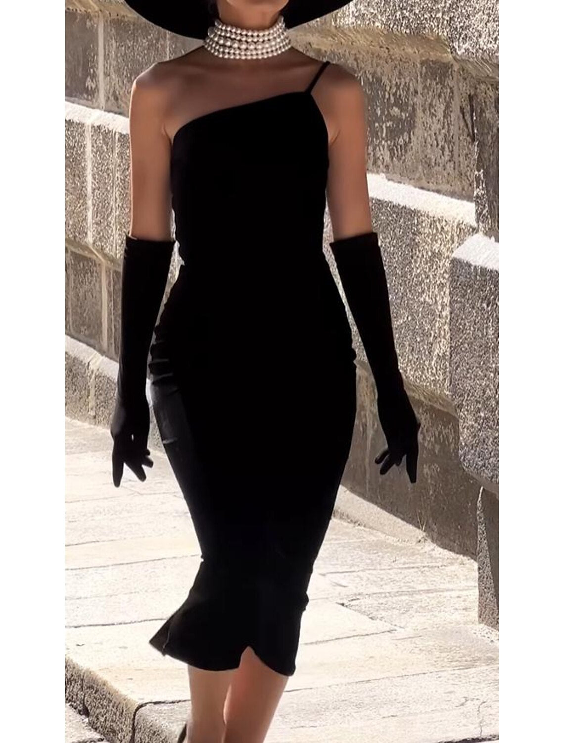 Sheath / Column Cocktail Black Dress Vintage Dress Halloween Party Wear Tea Length Sleeveless One Shoulder No With Gloves