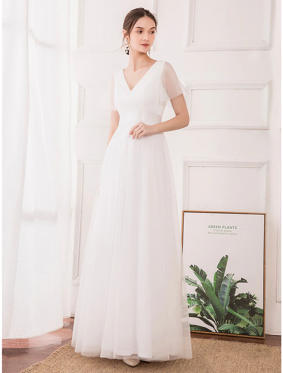 A-Line Evening Gown Empire Dress Wedding Guest Prom Floor Length Short Sleeve V Neck Bridesmaid Dress Chiffon V Back with Pleats Ruched