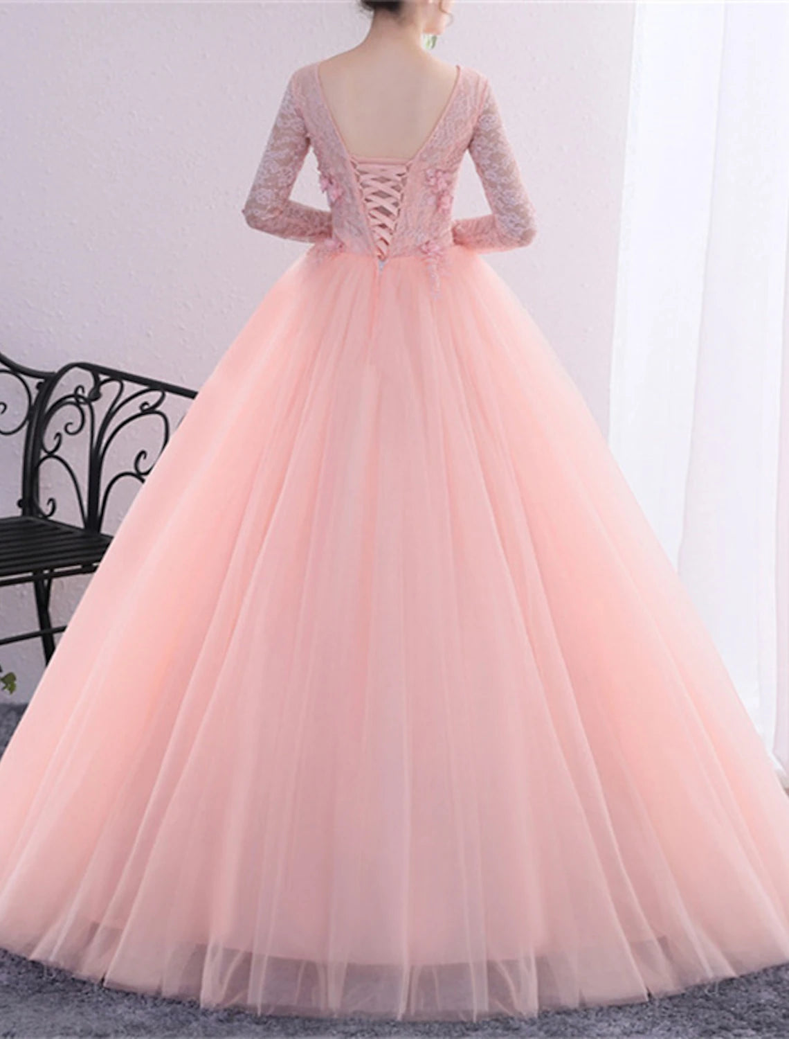 Ball Gown Princess Dress Performance Quinceanera Floor Length Long Sleeve V Neck Polyester with Crystals Appliques