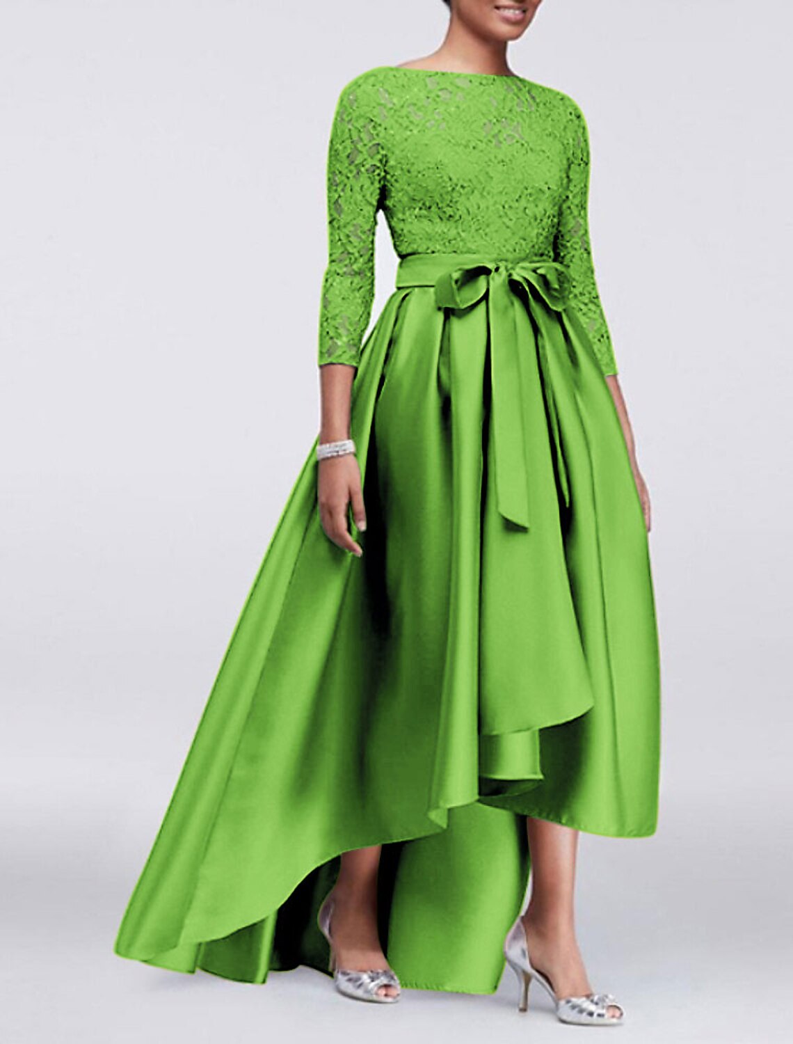 A-Line Wedding Guest Dress Plus Size Satin Lace 3/4 Length Sleeve Mother of the Bride Dress High Low Jewel Neck Asymmetrical Dress  with Sash / Ribbon Appliques