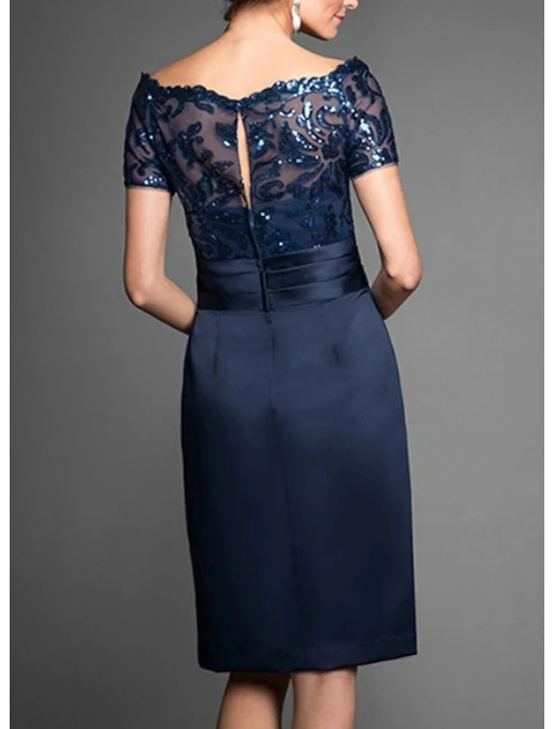 Sheath / Column Mother of the Bride Dress Wedding Guest Off Shoulder Knee Length Chiffon Lace Tulle Short Sleeve with Lace Sequins