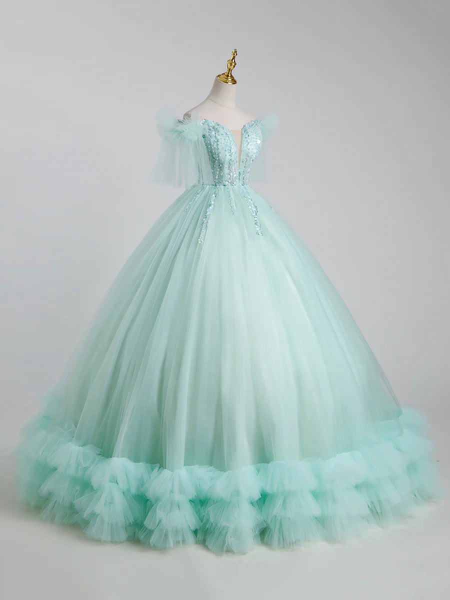 Ball Gown Quinceanera Floor Length Beautiful Tulle Sweet 16 Dress With Sequins