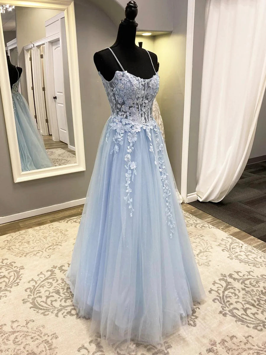 A-Line Floor Length Spaghetti Strap Tulle Evening Party Dress Long Lace Prom Dress With Appliques