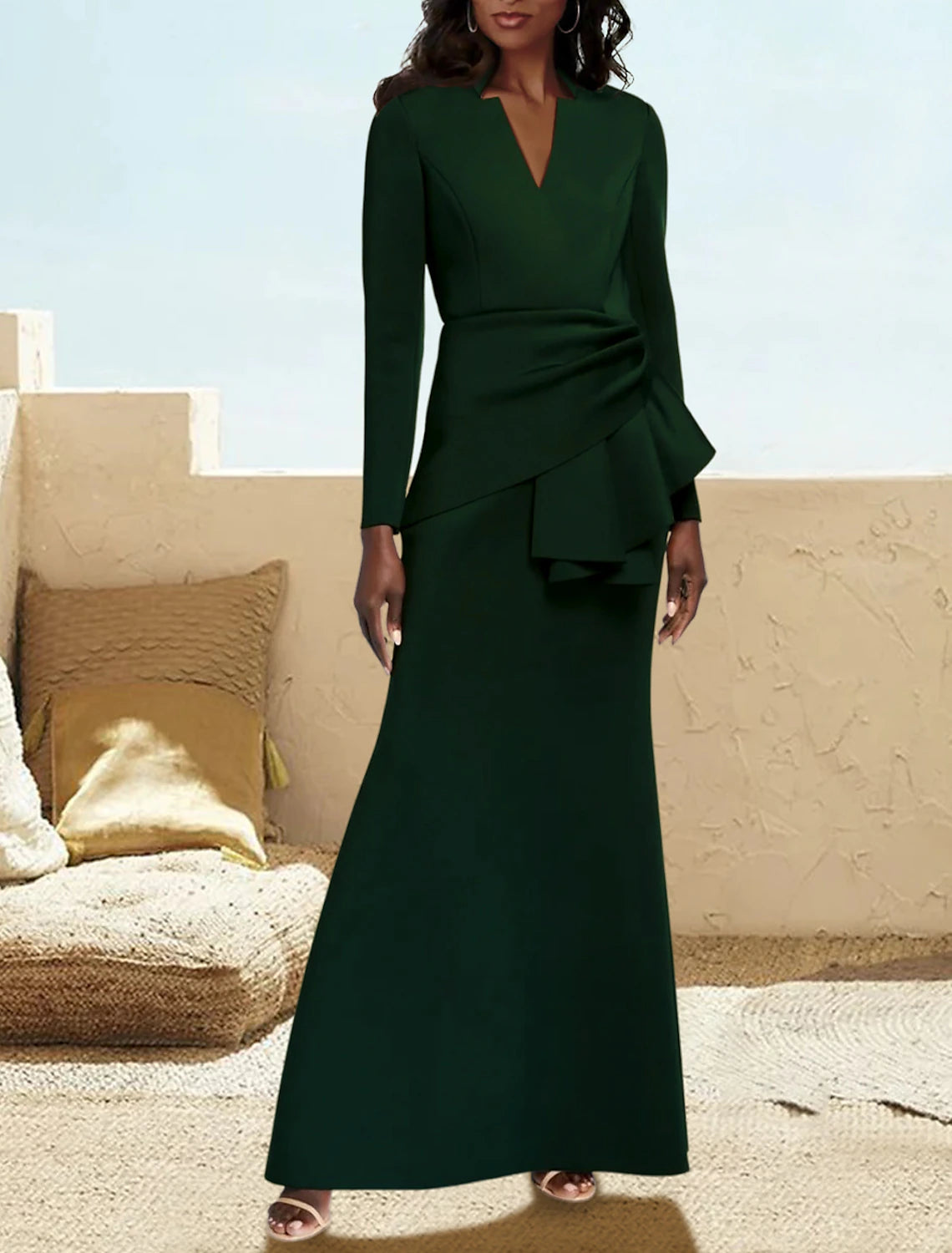 A-Line Formal Wedding Guest Party Dress  V Neck Floor Length Satin Long Sleeve  Mother of the Bride Dress with Ruching