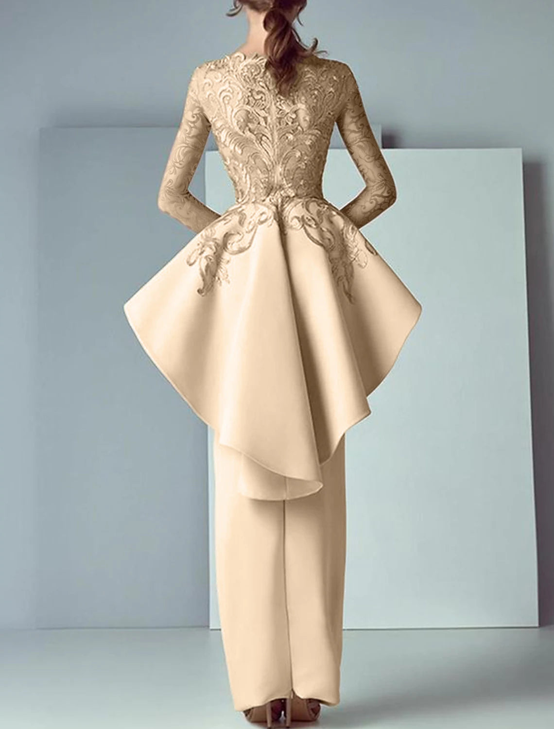 Sheath/Column Mother of the Bride Dress Formal Wedding Guest Scoop Neck Floor Length Long Sleeve with Ruffles Appliques