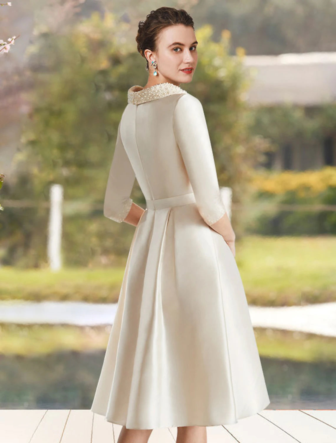 A-Line  Jewel Neck Knee Length Wedding Guest Satin Half Sleeve Mother of the Bride Dress with Beading