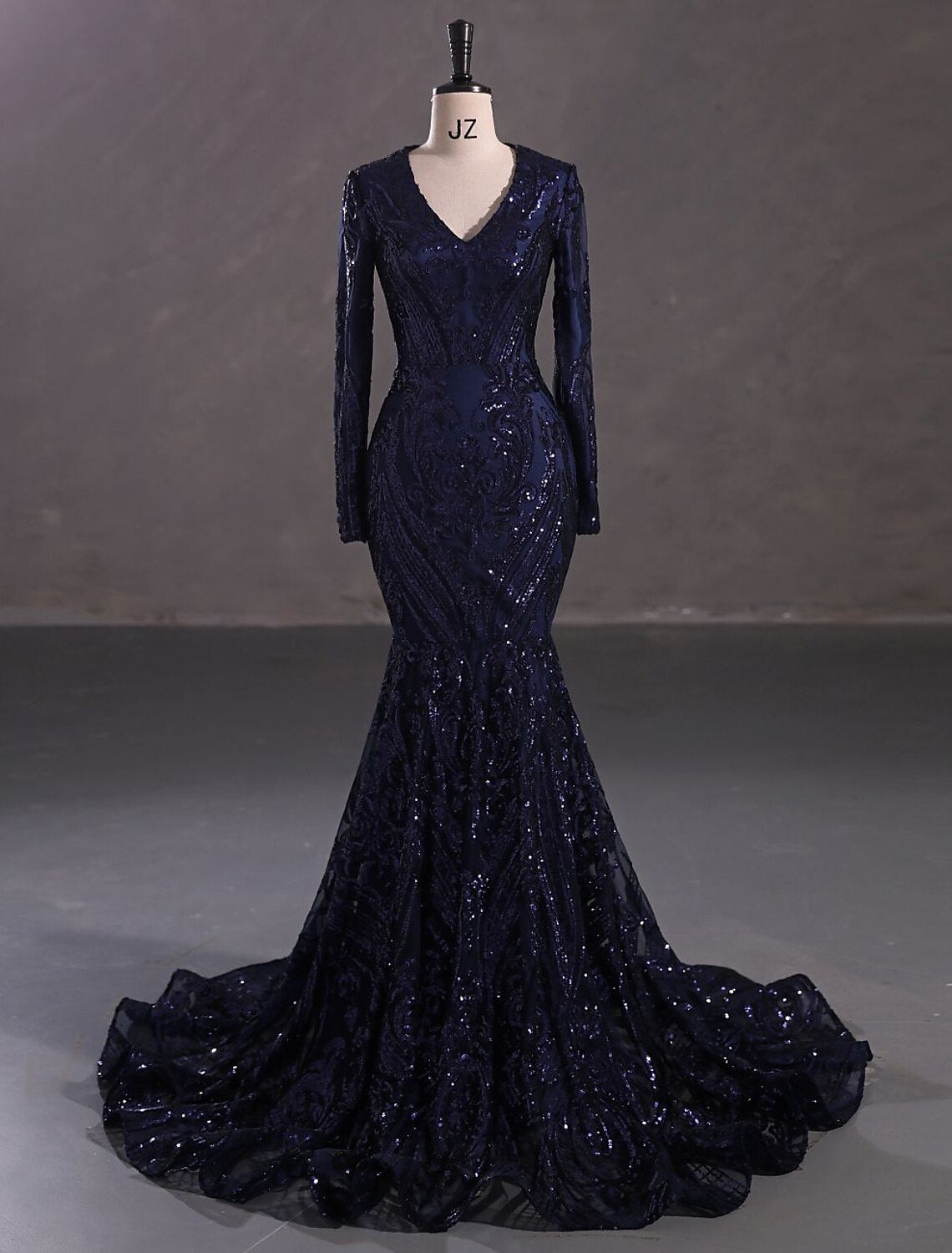 Mermaid / Trumpet Evening Gown Elegant Dress Carnival Formal Court Train Long Sleeve V Neck African American Lace with Sequin