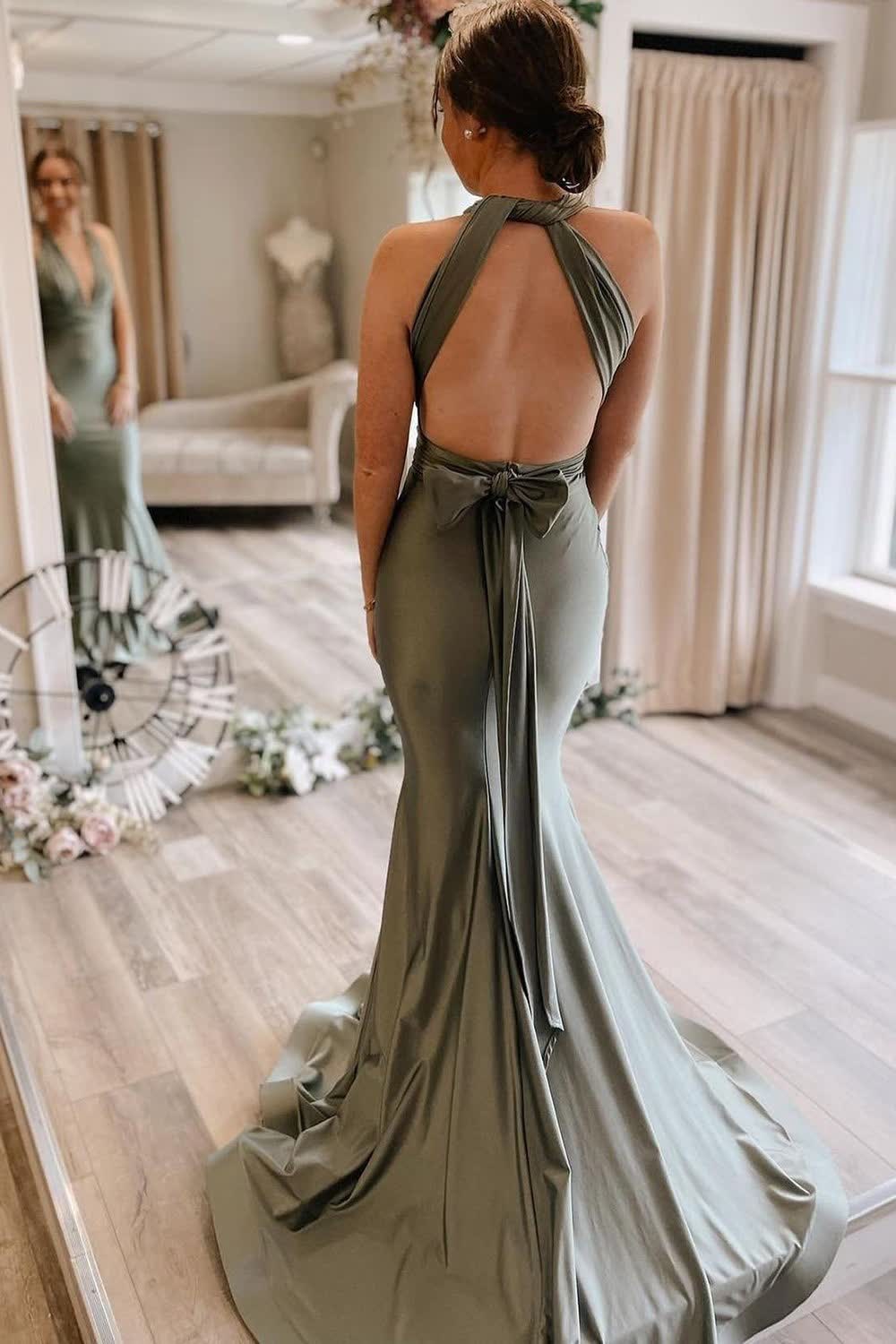 Mermaid Trumpet Multi Dressing Methods Light Green Convertible Satin Prom Bridesmaid Dress Wedding Guest Dresses