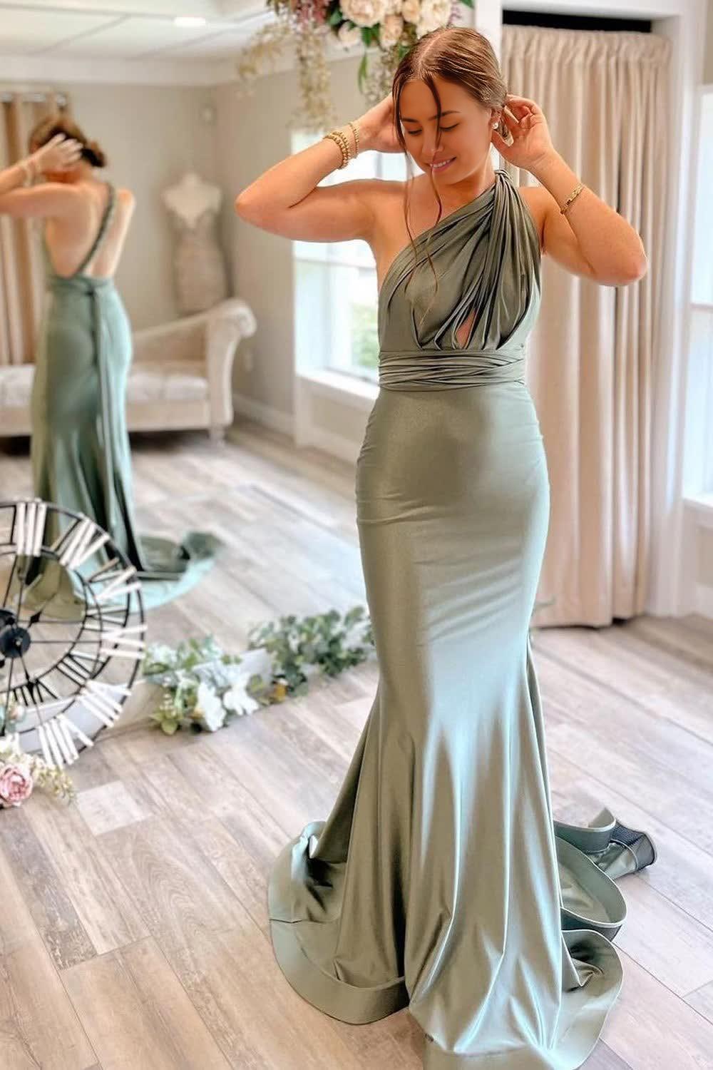 Mermaid Trumpet Multi Dressing Methods Light Green Convertible Satin Prom Bridesmaid Dress Wedding Guest Dresses