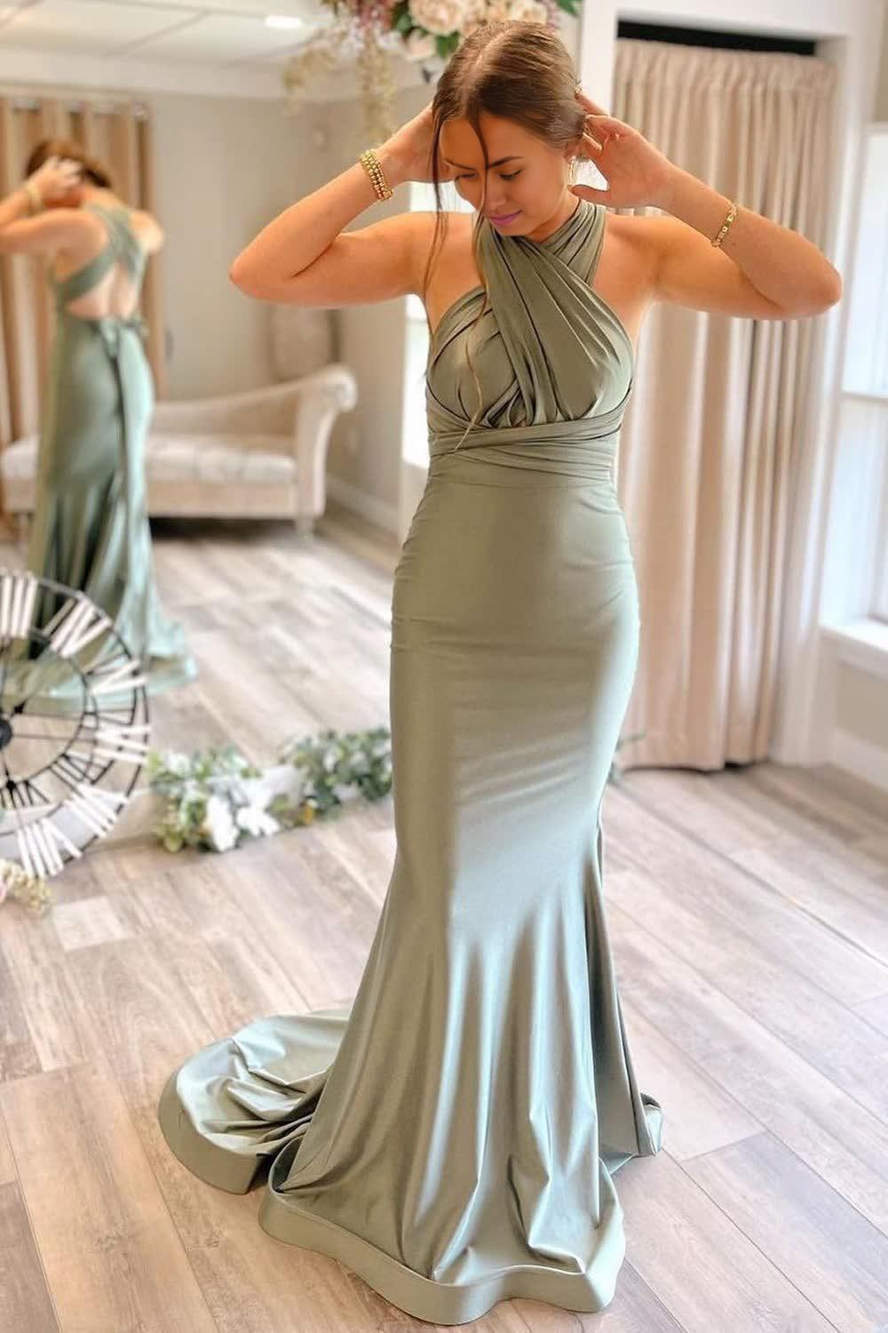 Mermaid Trumpet Multi Dressing Methods Light Green Convertible Satin Prom Bridesmaid Dress Wedding Guest Dresses