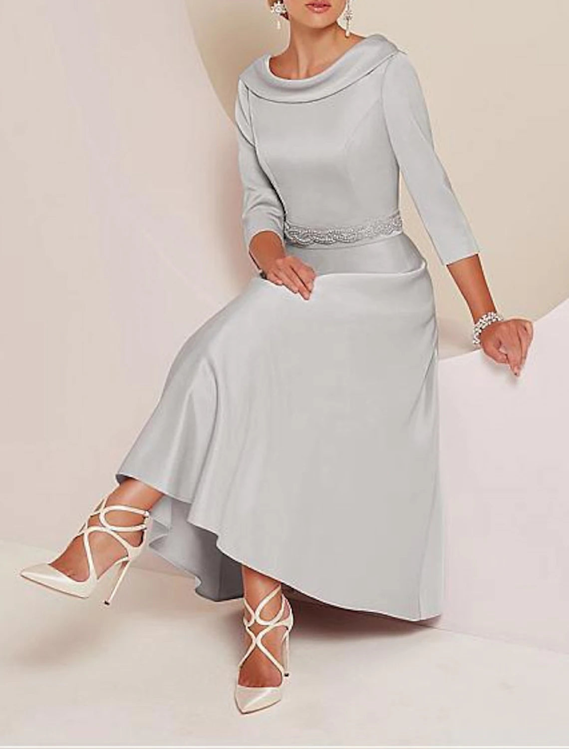 Wedding Guest Dress Plus Size Bateau Neck Tea Length Mother of the Bride Dress Satin 3/4 Length Sleeve with Beading