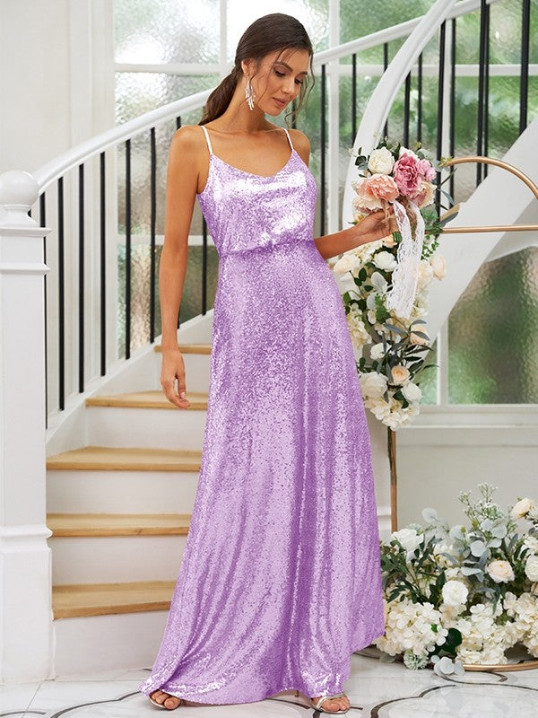 A-Line/Princess Sequins Ruched Straps Sleeveless Floor-Length Bridesmaid Dresses