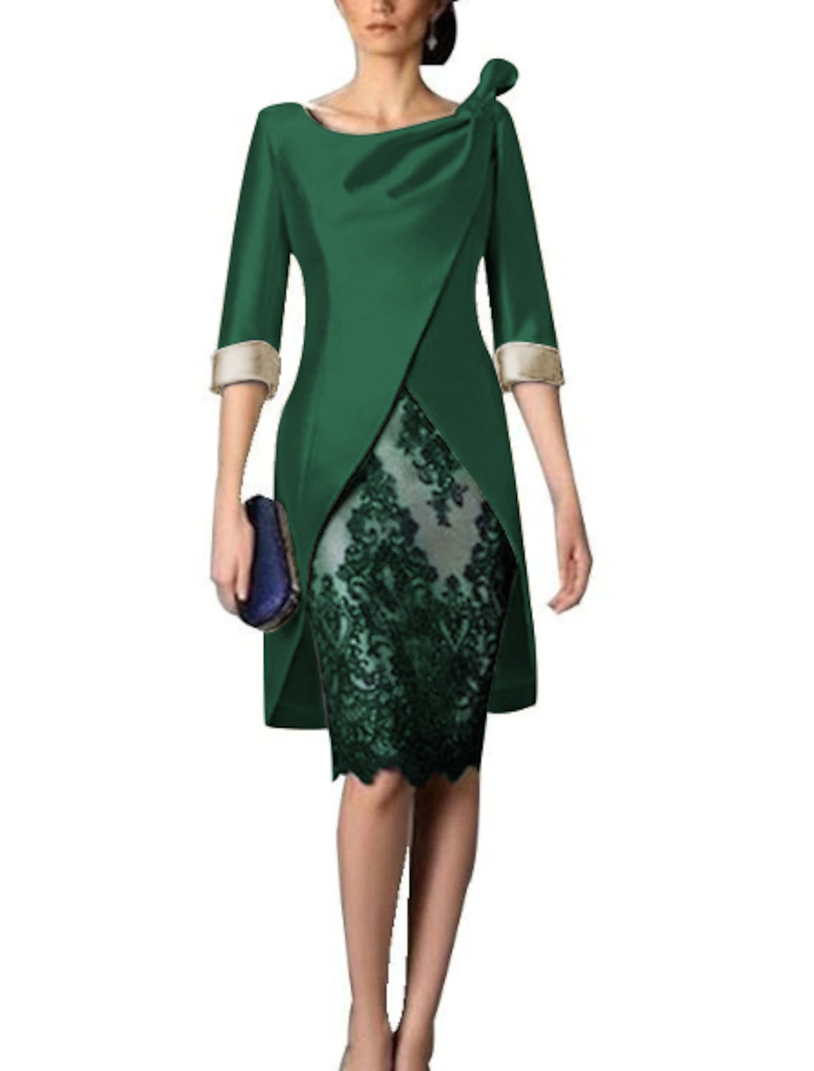 Mother of the Bride Dress Plus Size Sheath / Column  V Neck Knee Length Two Pieces Wedding Guest Party Dress Satin Lace 3/4 Length Sleeve Jacket Dresses