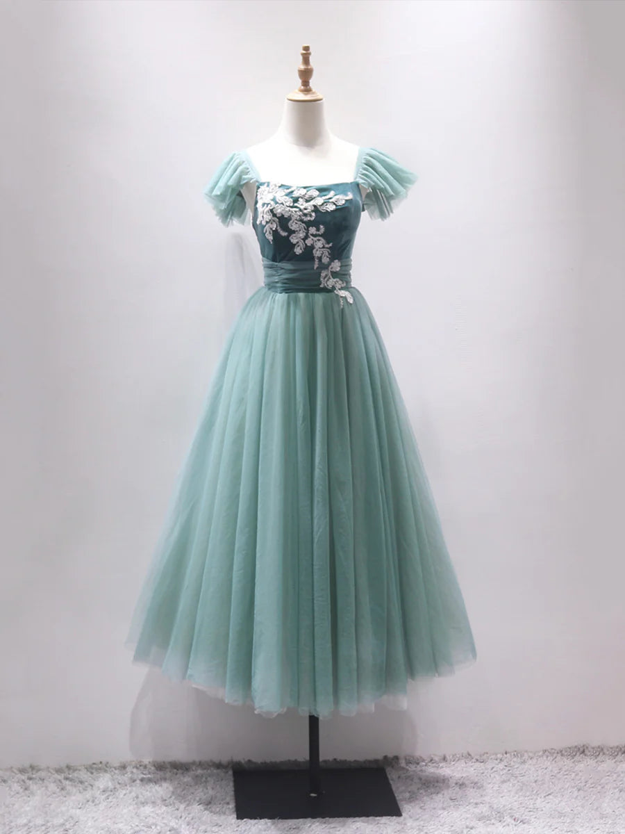 A-Line Velvet Tulle Tea Length  Lace Party Dress Party Dress with Appliques