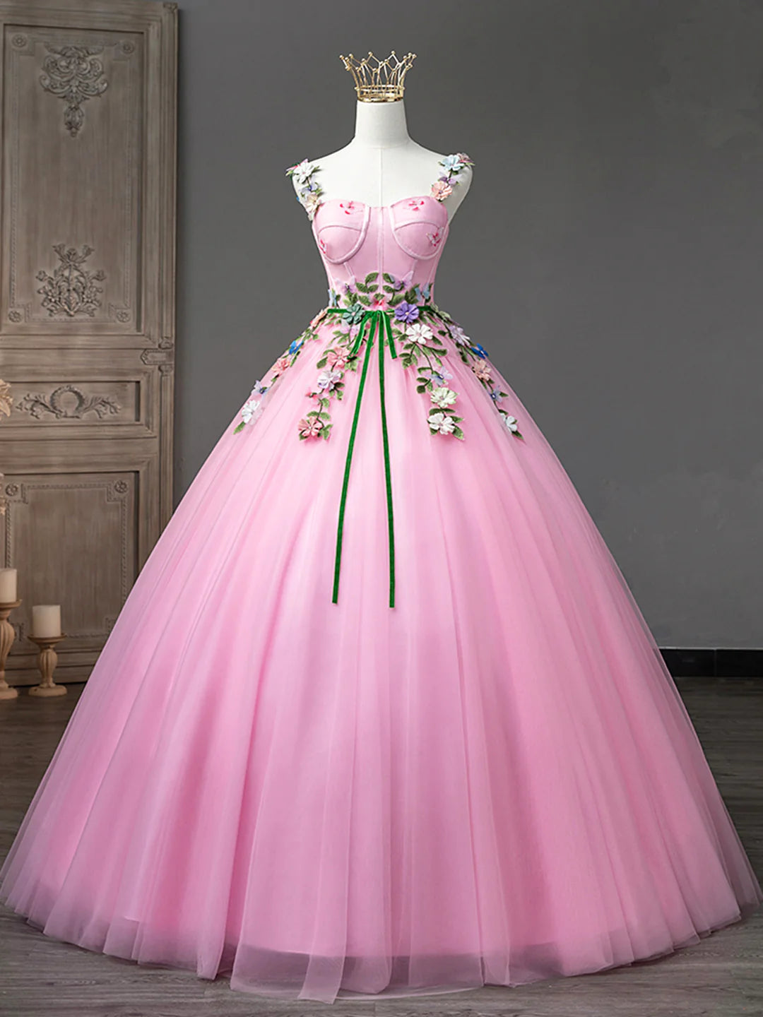 Pink Tulle Flower Long Prom Dresses, Lovely Spaghetti Formal Dresses