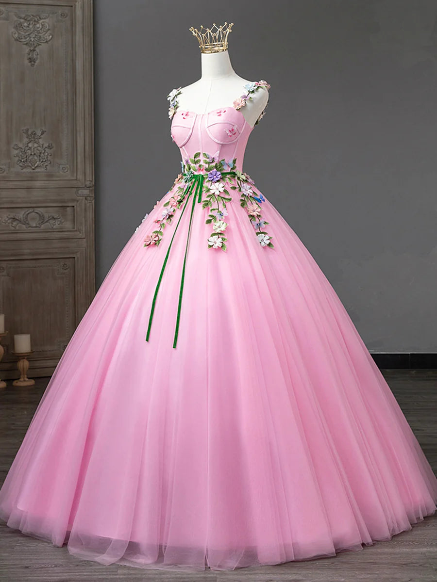 Pink Tulle Flower Long Prom Dresses, Lovely Spaghetti Formal Dresses