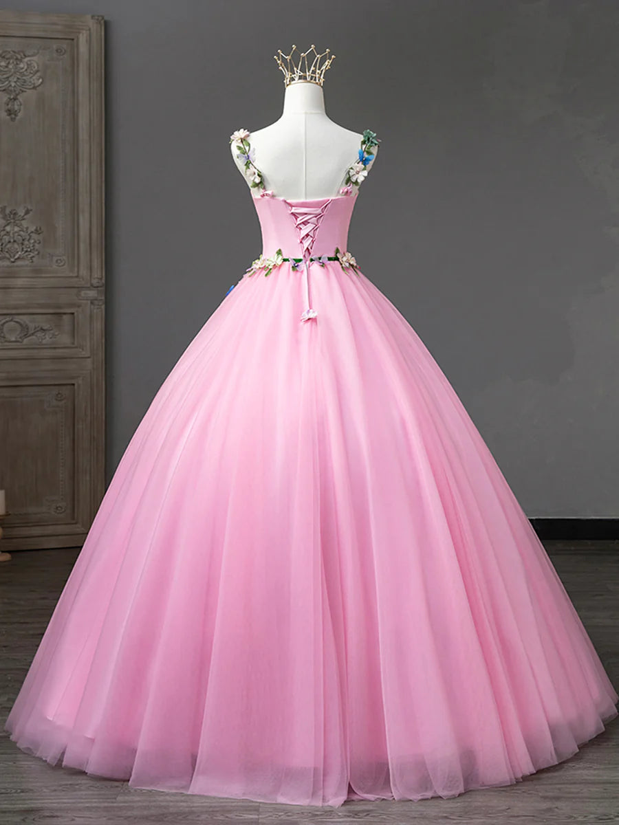 Pink Tulle Flower Long Prom Dresses, Lovely Spaghetti Formal Dresses